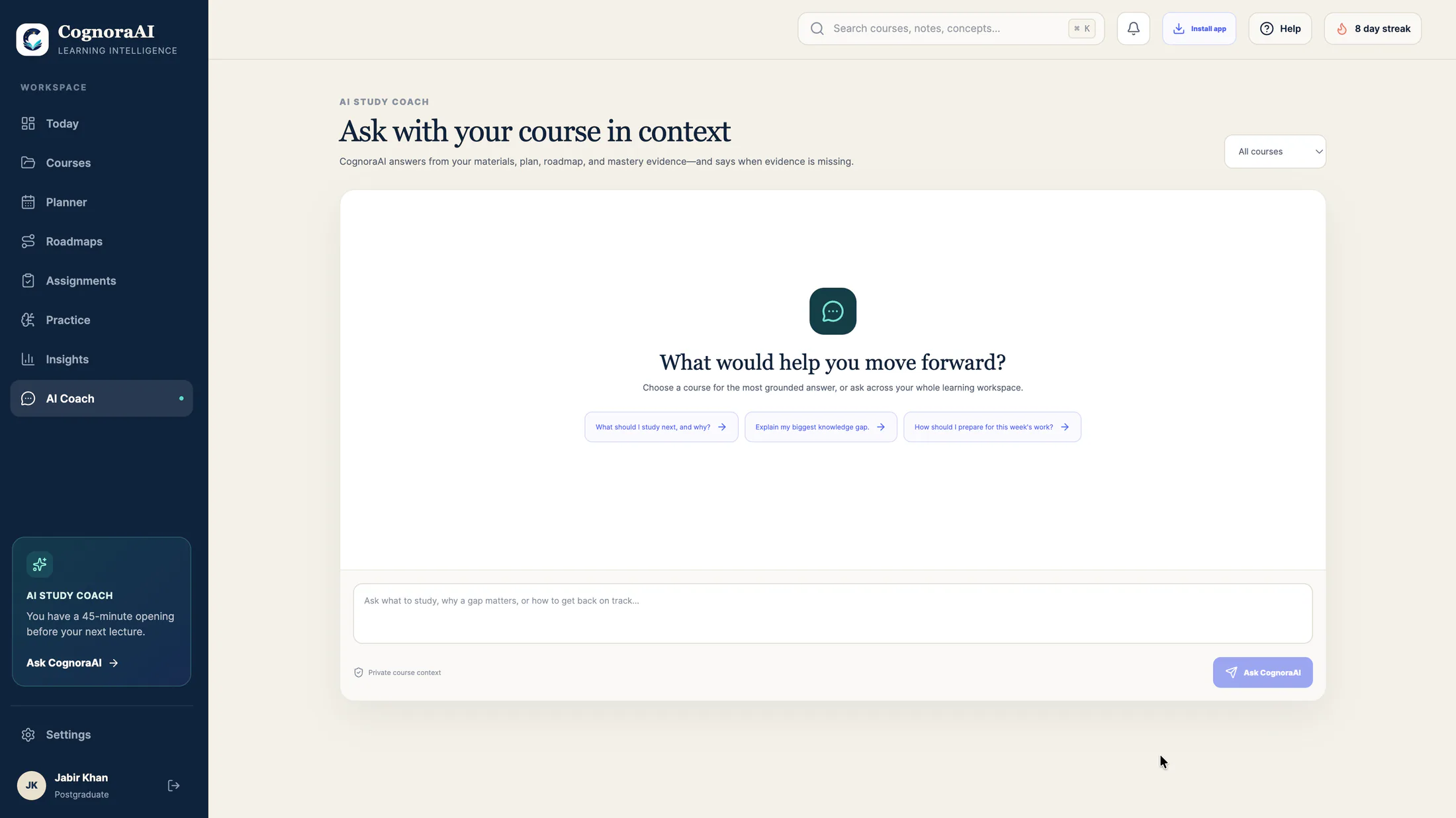 CognoraAI AI Coach page with a course-aware question area and contextual guidance.