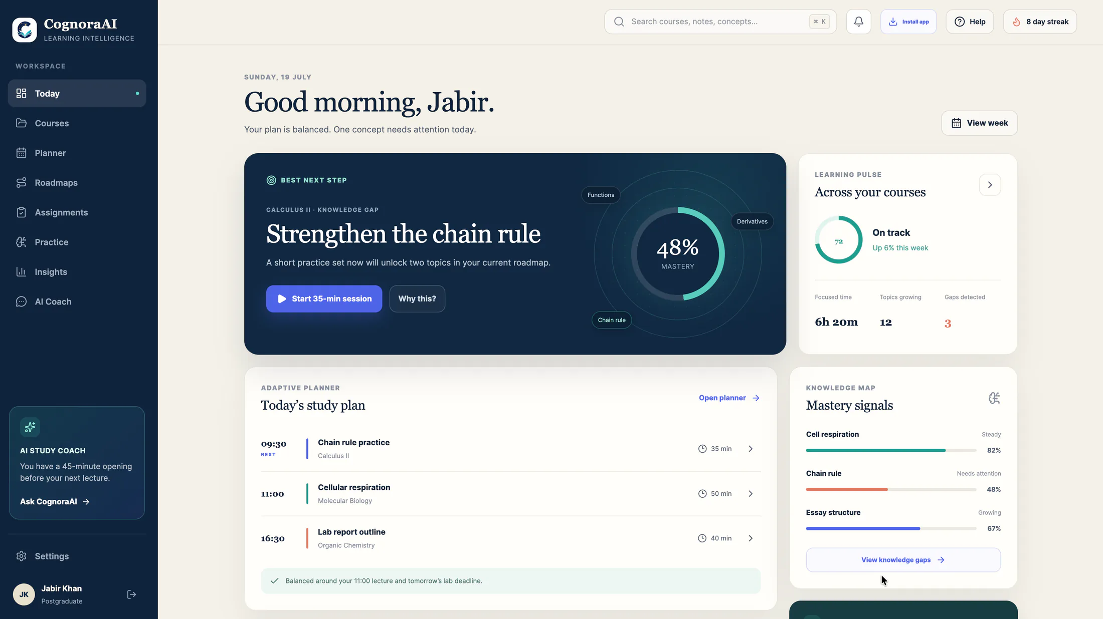 CognoraAI learner dashboard with a recommended study session, mastery signals and an adaptive daily plan.