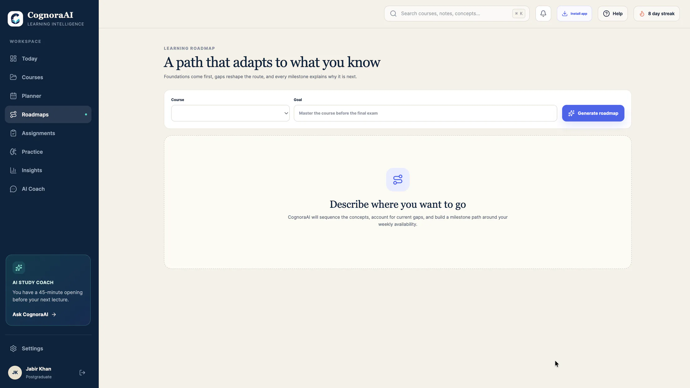 CognoraAI roadmap builder asking the learner to describe a target and generate an adaptive path.