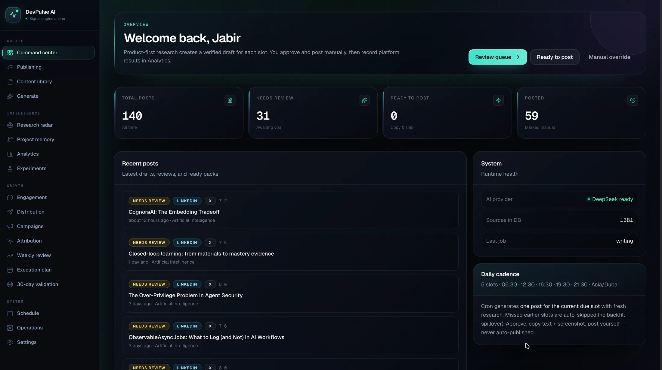 Dev Pulse AI command center showing product activity, recent posts and system status.