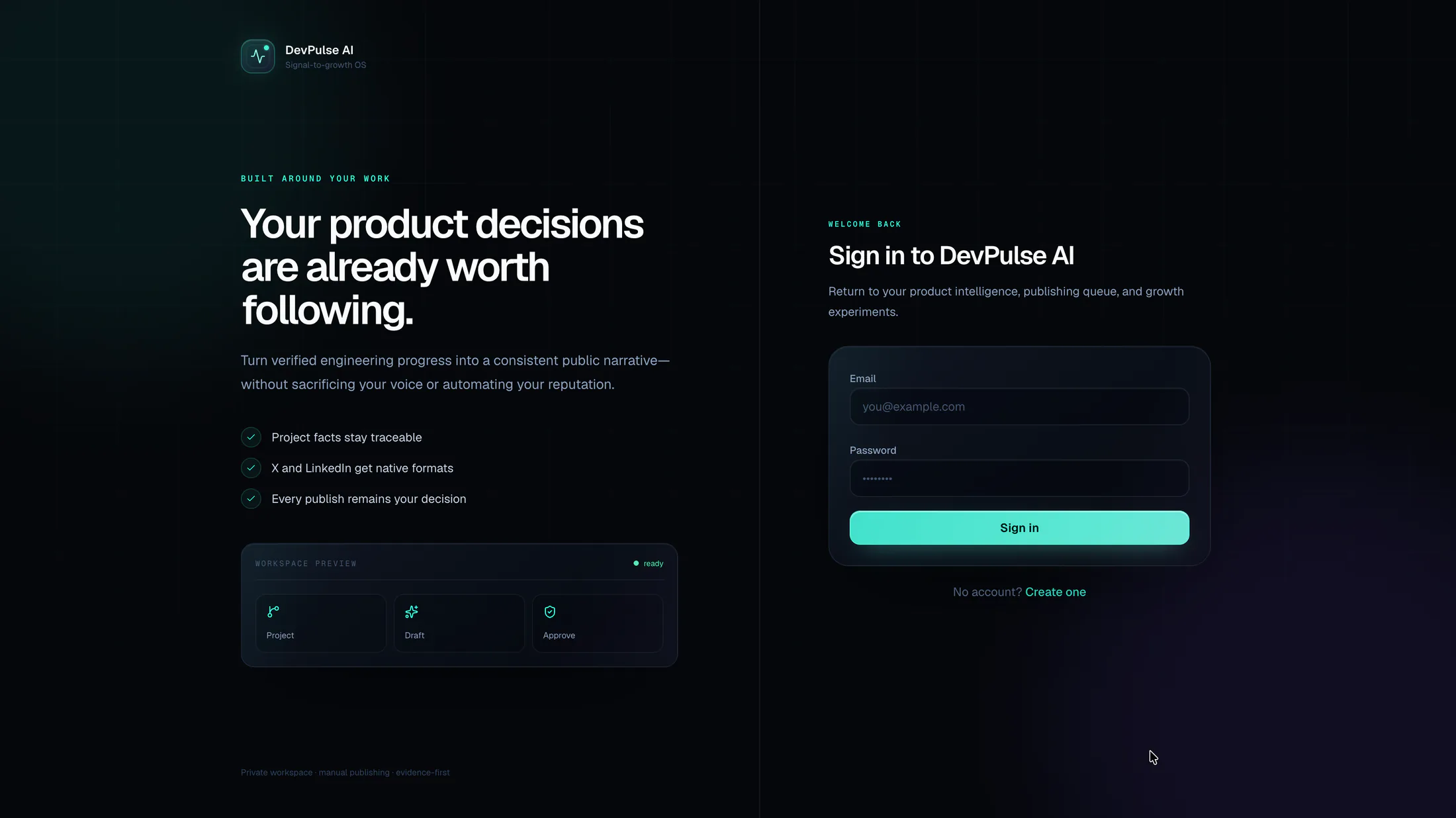 Dev Pulse AI sign-in screen beside a concise explanation of the research-first product.