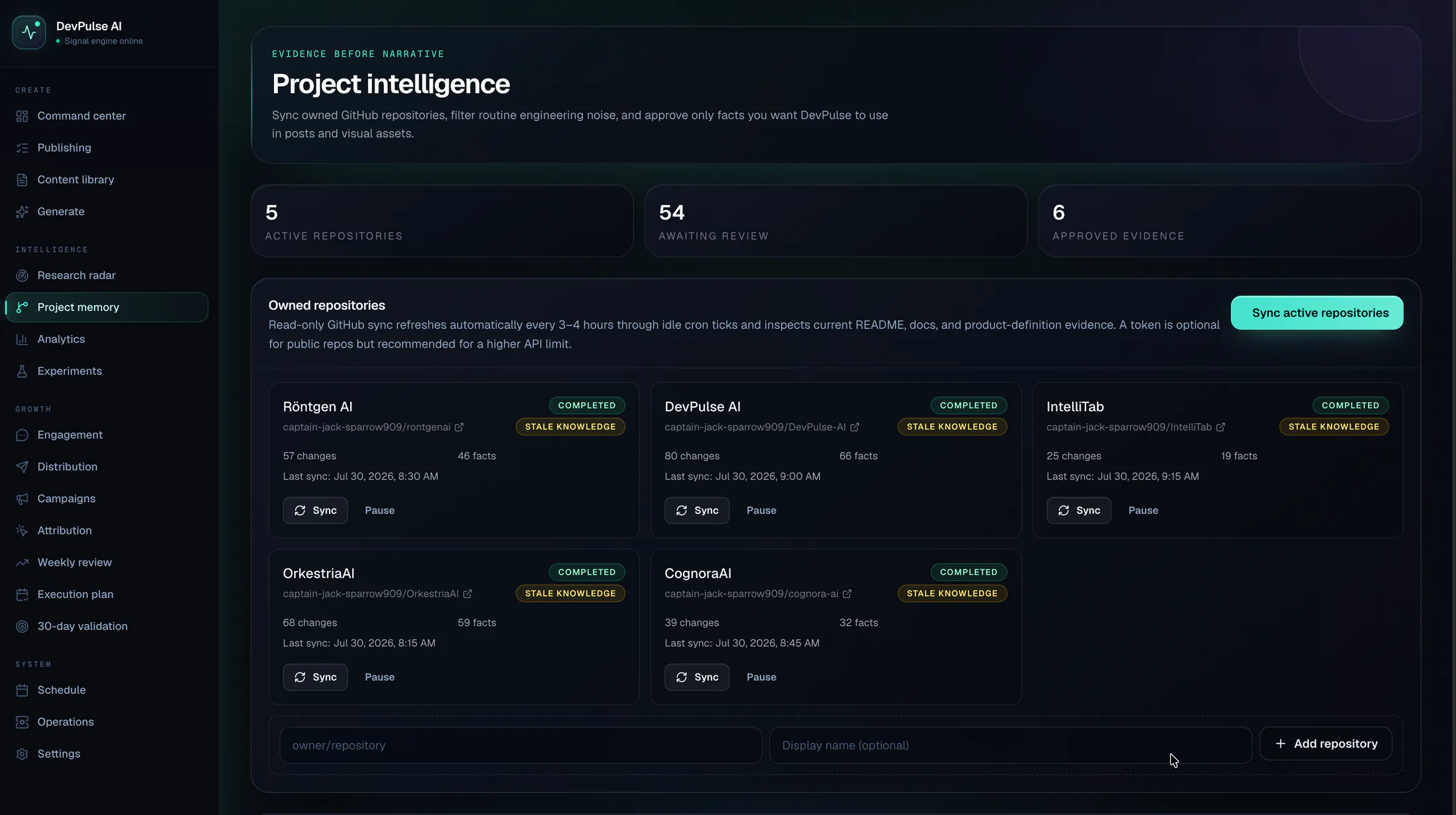 Dev Pulse AI project intelligence page listing project repositories and accumulated memory.