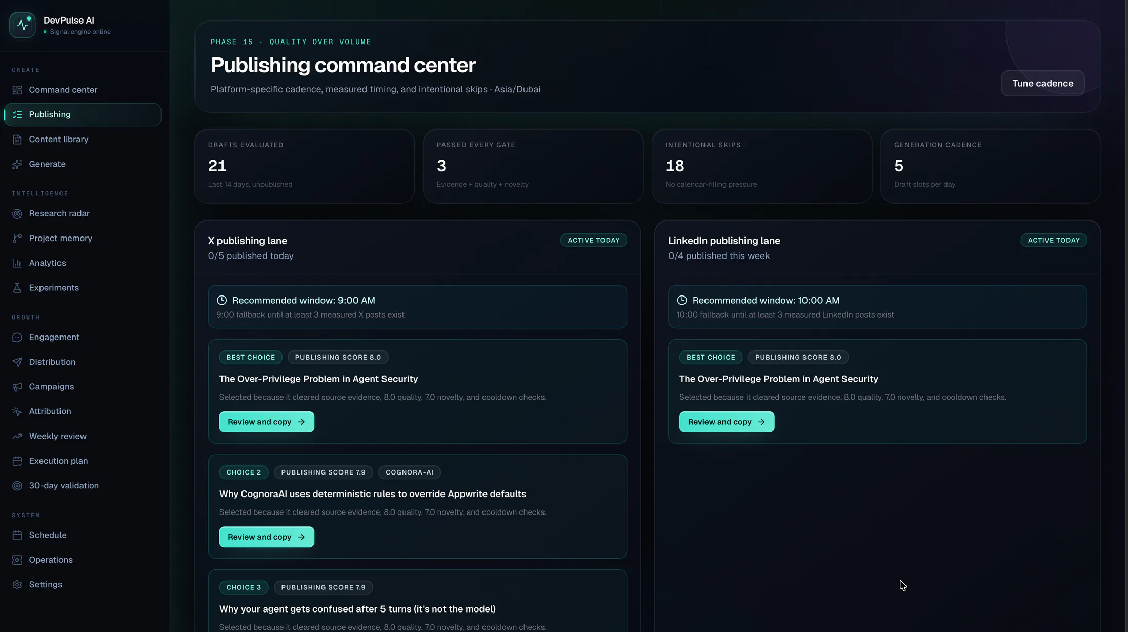 Dev Pulse AI publishing command center with distinct review and publishing lanes.