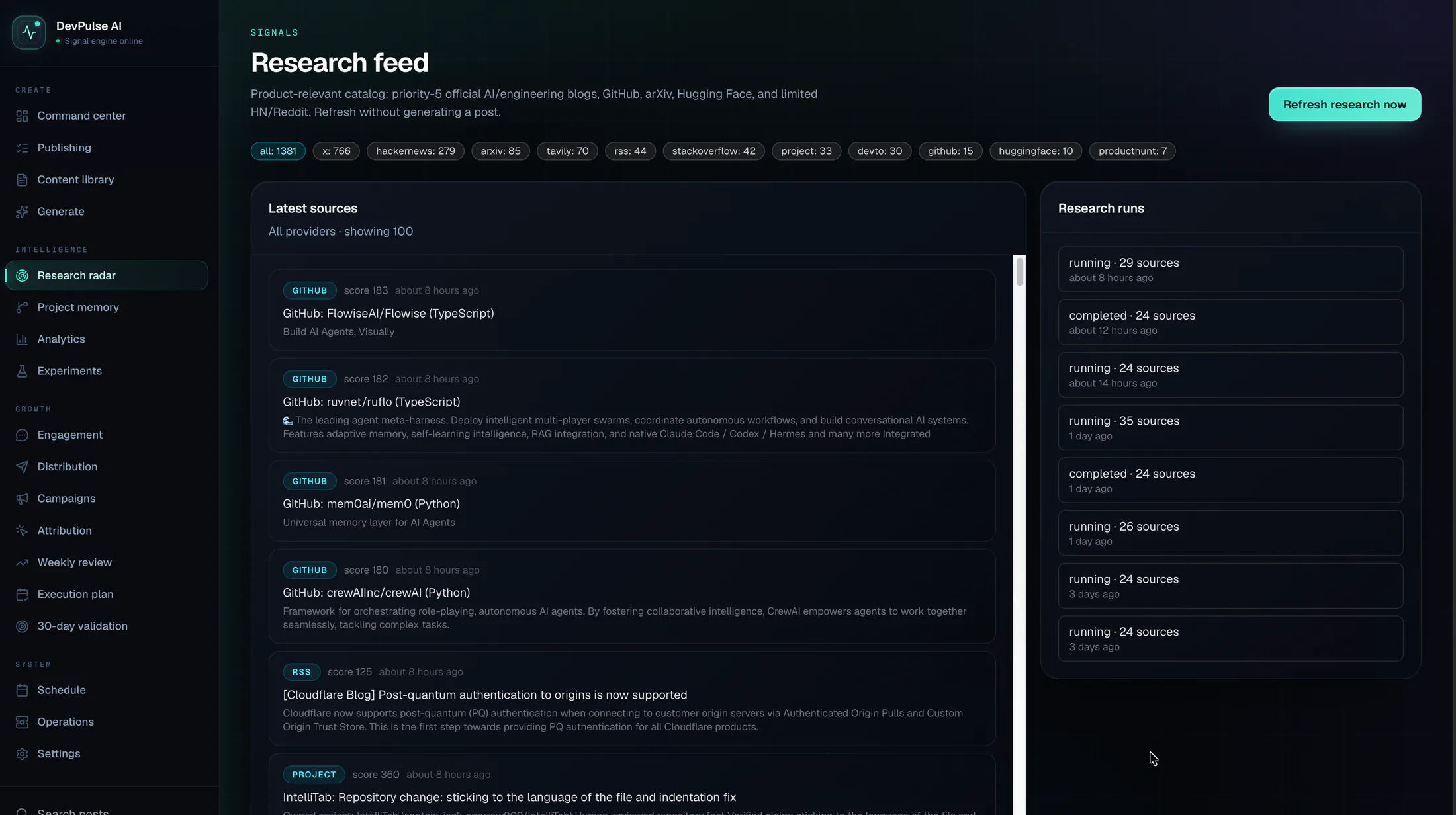 Dev Pulse AI research feed with source filters, ranked items and tracked research runs.