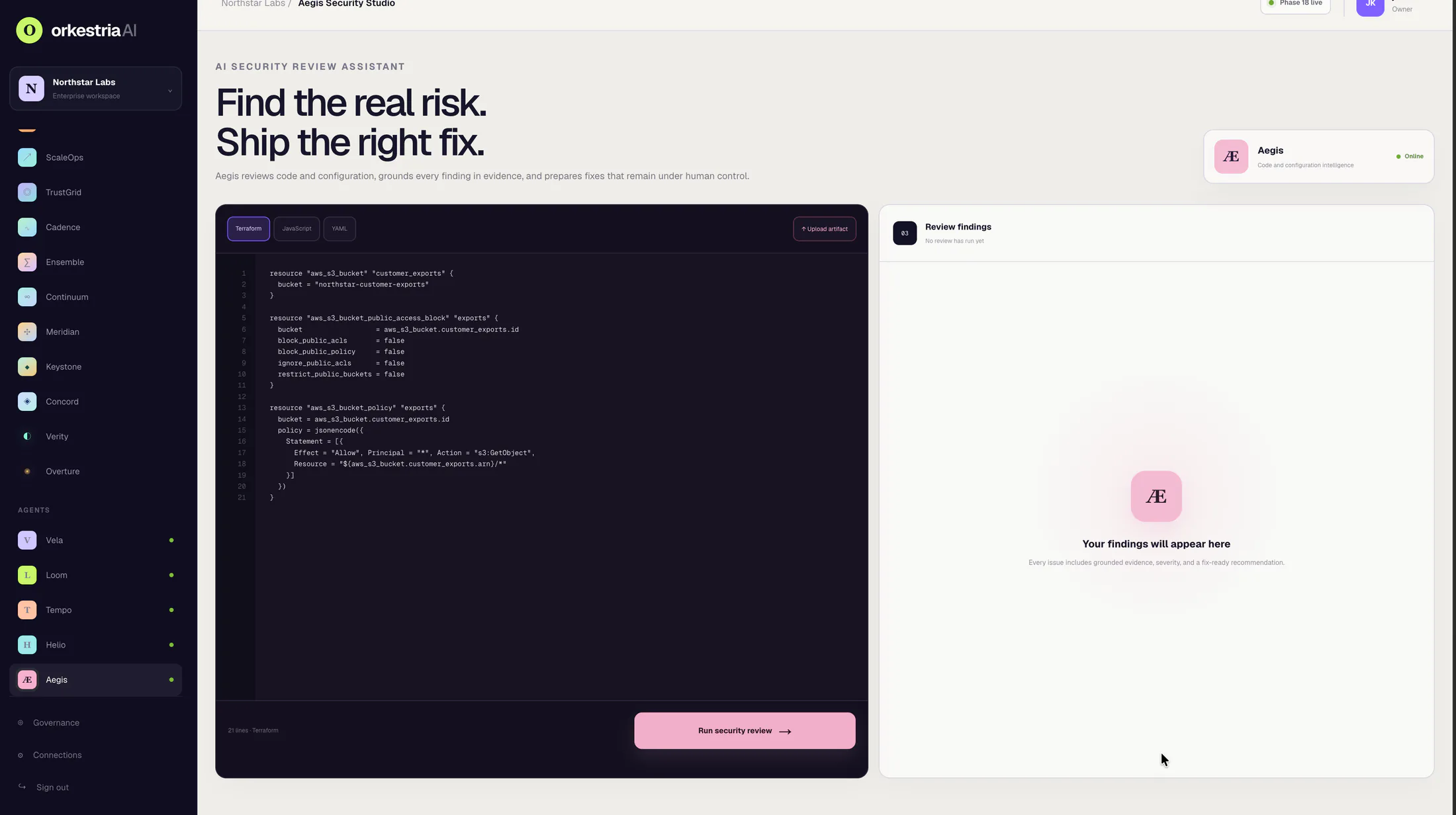 OrkestriaAI Aegis security review workspace comparing code context with an agent review panel.