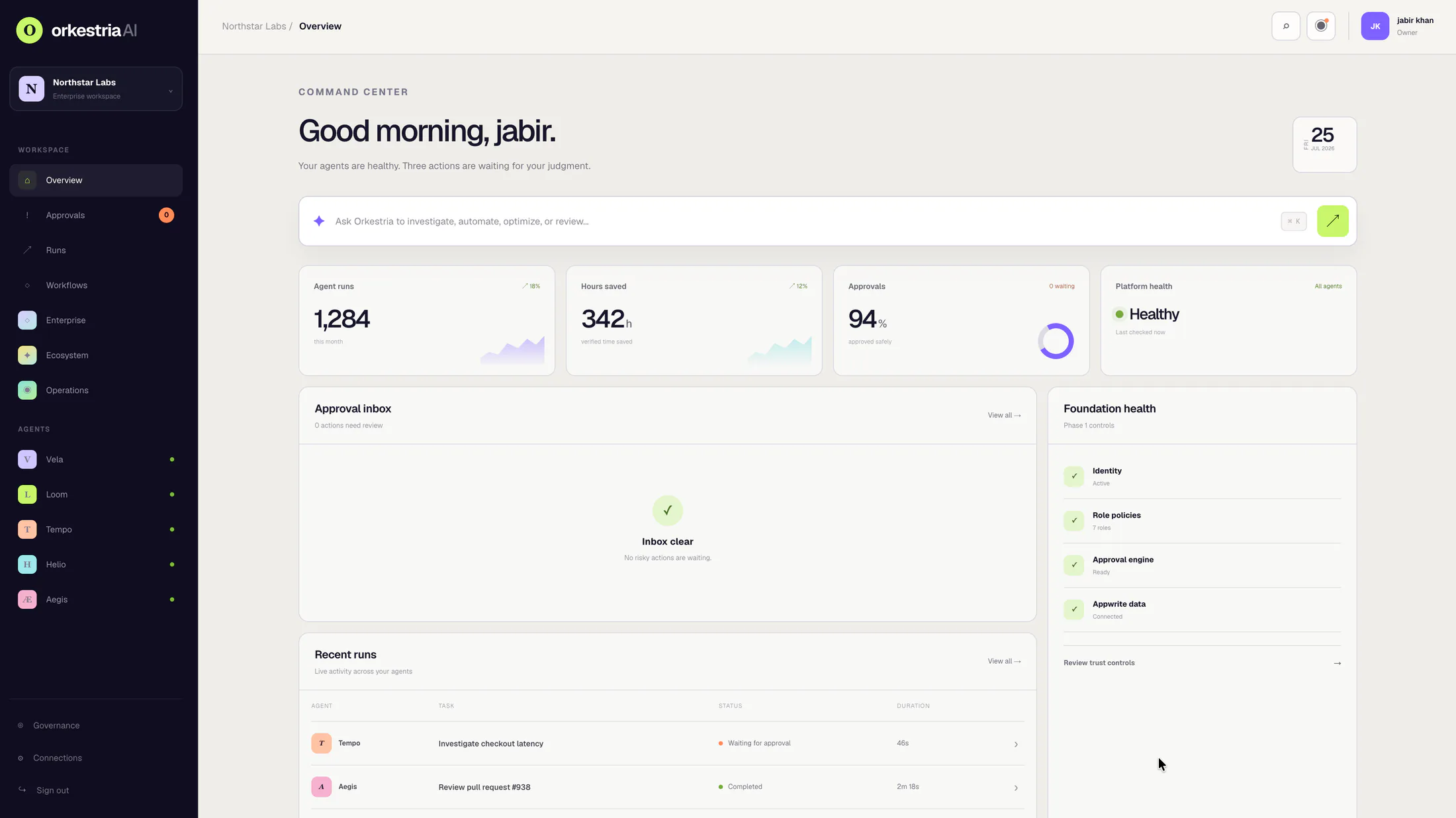 OrkestriaAI dashboard with operating signals, system health and recent autonomous runs.