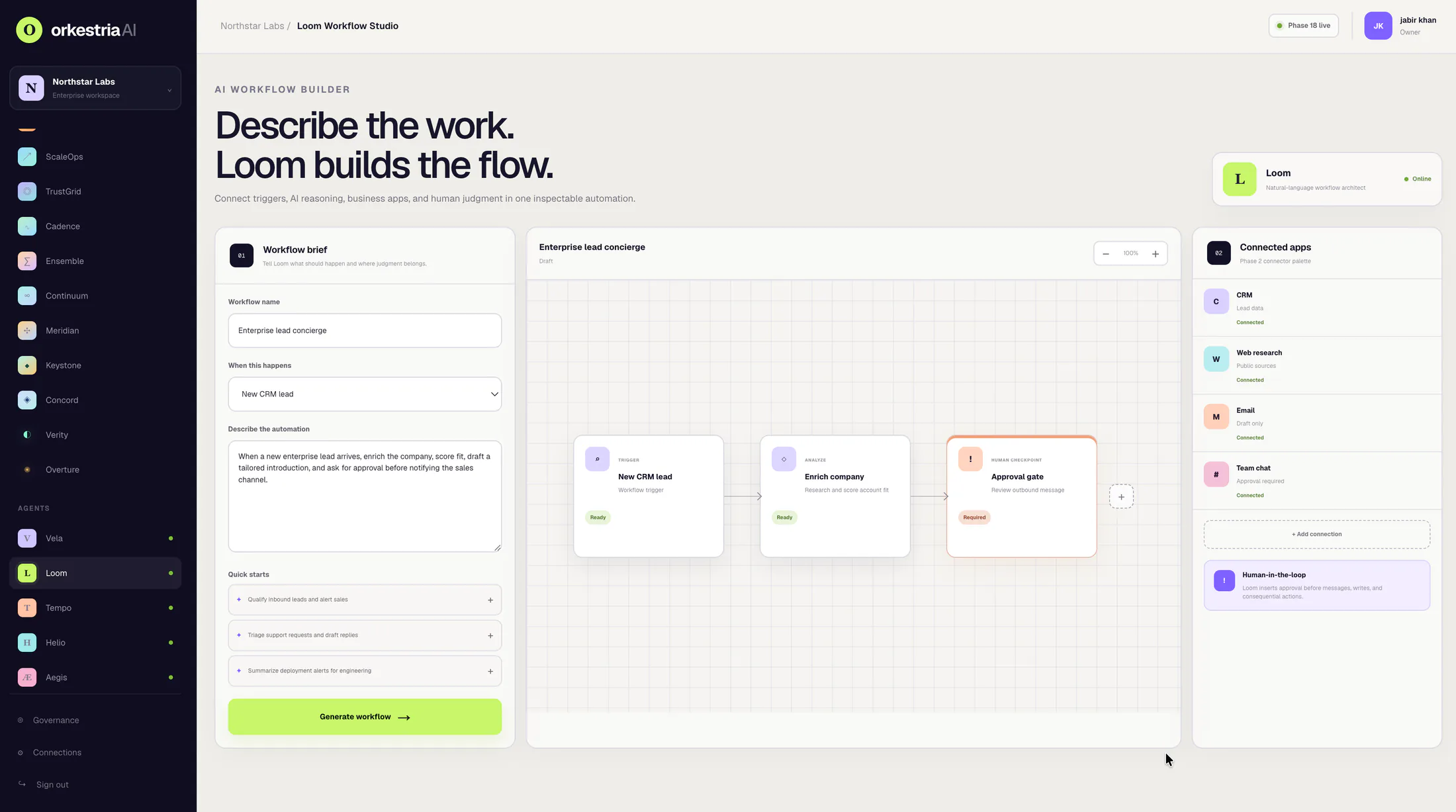 OrkestriaAI Loom visual workflow builder with connected stages, configuration and agent controls.