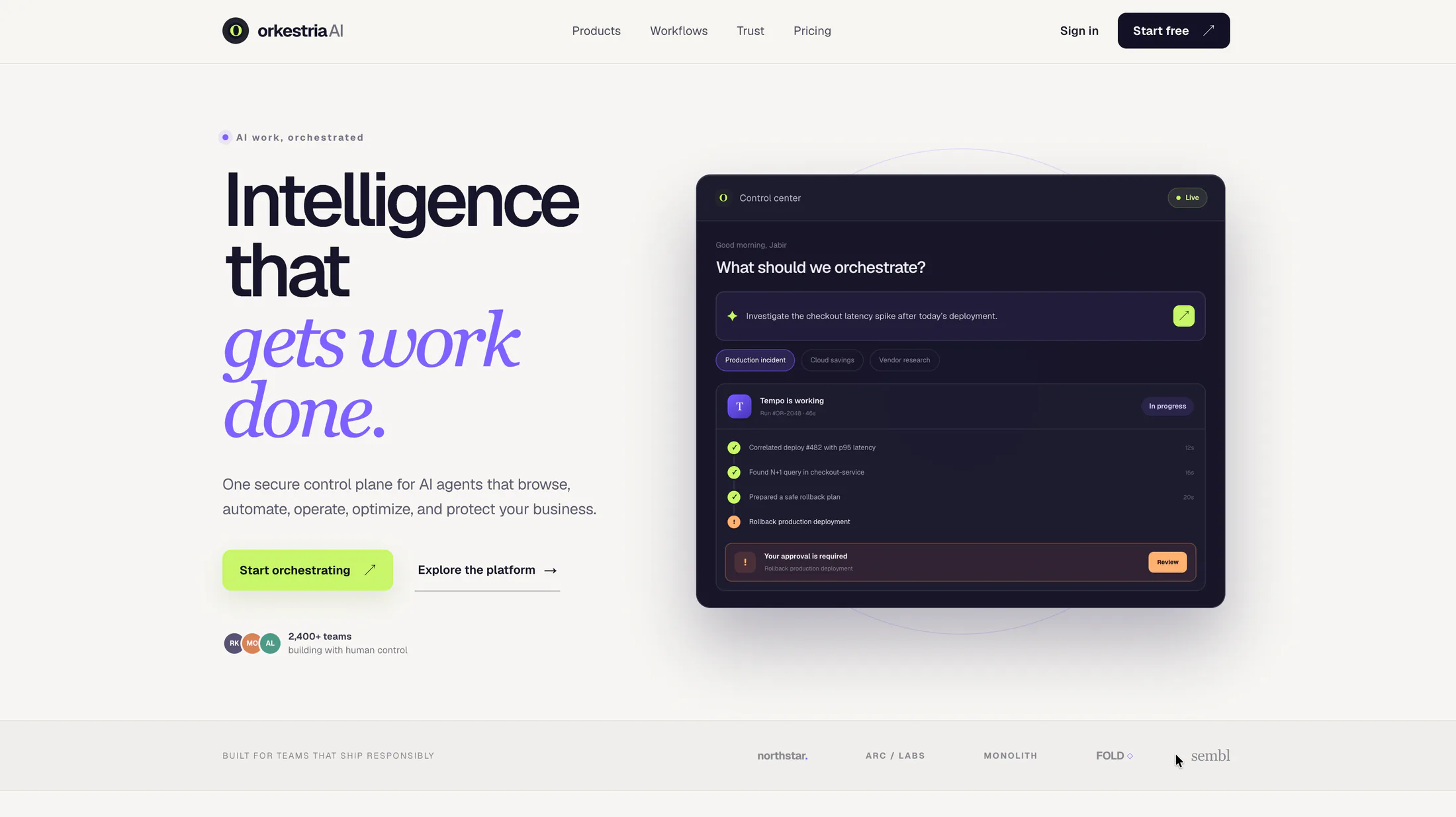 OrkestriaAI public landing page introducing coordinated intelligence and a multi-agent workspace.