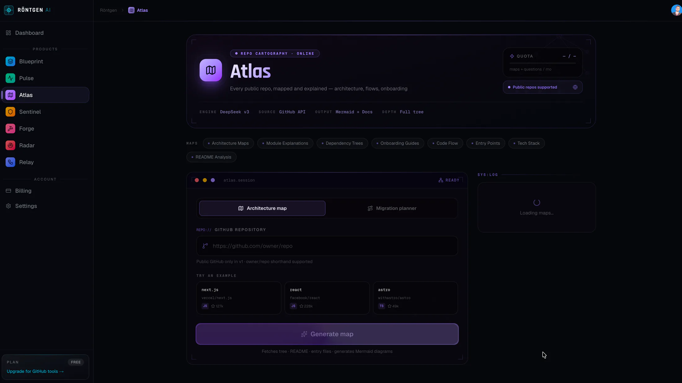 RontgenAI Atlas repository-understanding workspace with repository input and analysis controls.