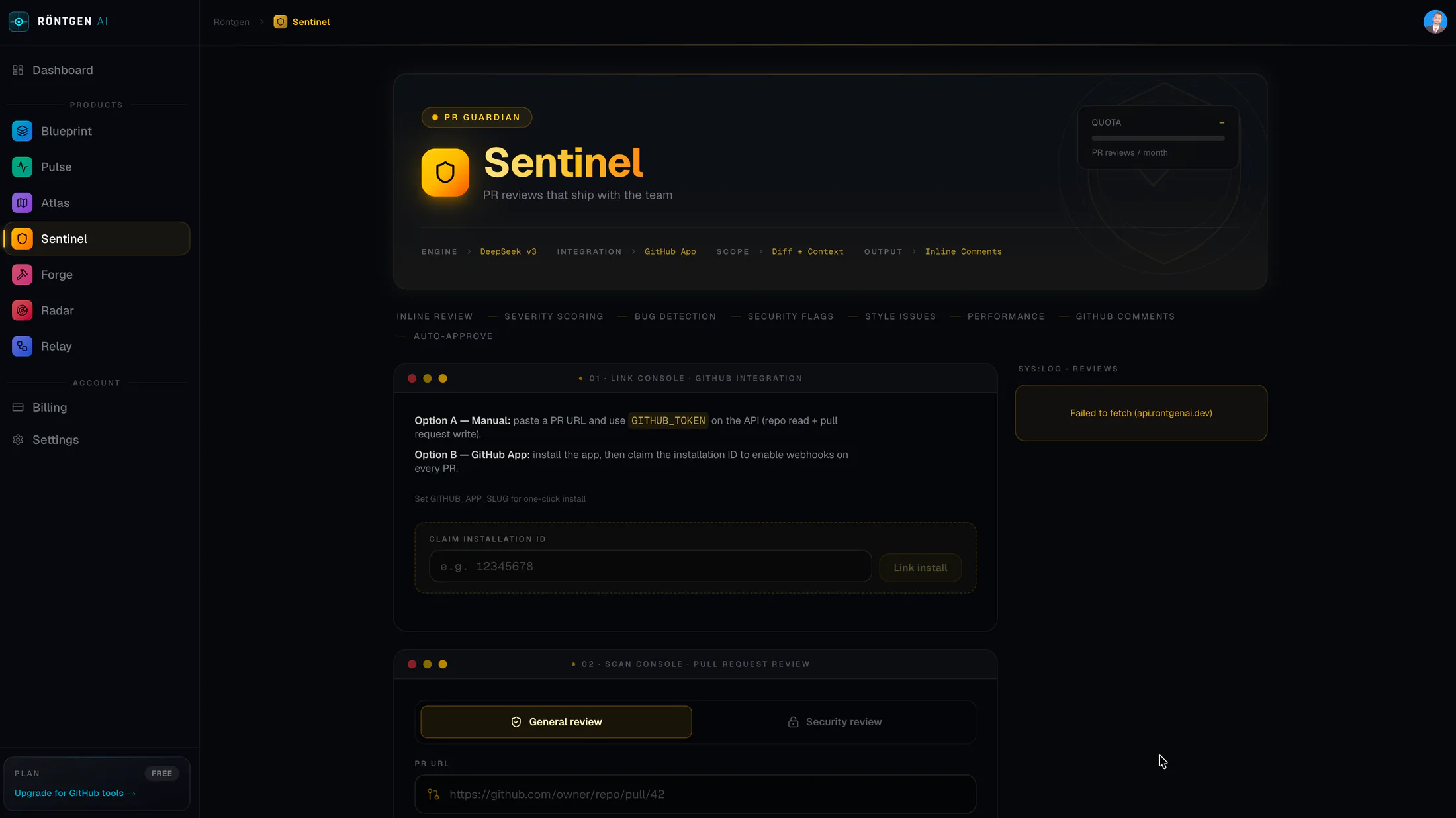 RontgenAI Sentinel pull-request review workspace with repository and change context.